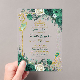Emerald Green Gold Crown Quinceañera Butterfly Acrylic Invitations