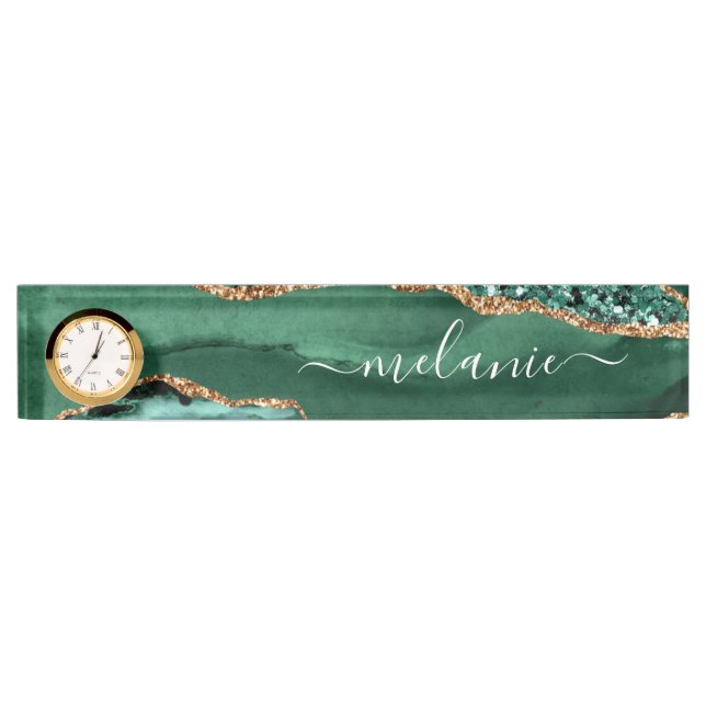 Emerald Green Gold Custom Name Desk Plate Clock (Front)