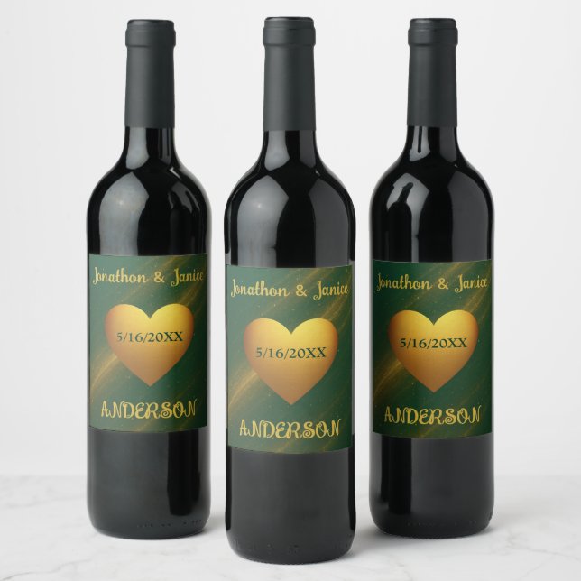 Emerald Green & Gold Custom Wedding Date Wine Label (Bottles)