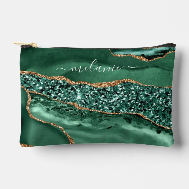 Emerald Green Gold Custom Your Name Accessory Pouch (Front)