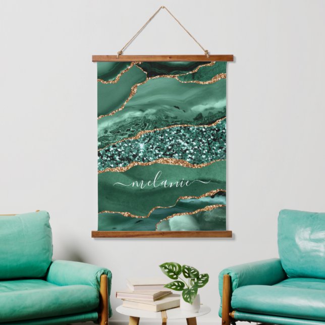 Emerald Green Gold Custom Your Name Tapestry (Living Room)
