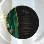 Emerald Green Gold Dark Round Plate Wedding Menu<br><div class="desc">The left-hand edge of this elegant modern wedding menu features an emerald green watercolor agate border trimmed with faux gold glitter. The customisable text combines gold-coloured whimsical handwriting script and copperplate fonts on a slate black background. The reverse side features a matching emerald green and gold agate design.</div>