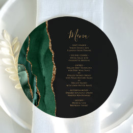 Emerald Green Gold Dark Round Plate Wedding Menu