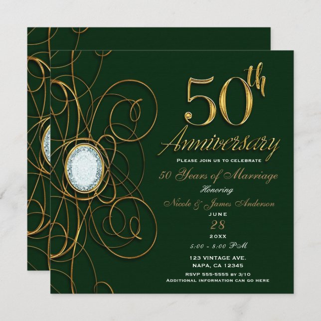 Emerald Green & Gold Diamond 50 50th Anniversary Invitation (Front/Back)