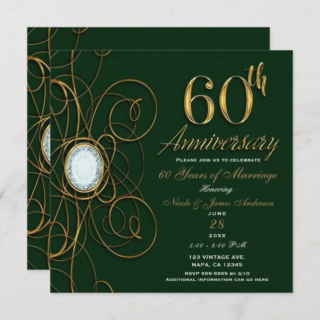 Emerald Green & Gold Diamond 60 60th Anniversary Invitation (Front/Back)