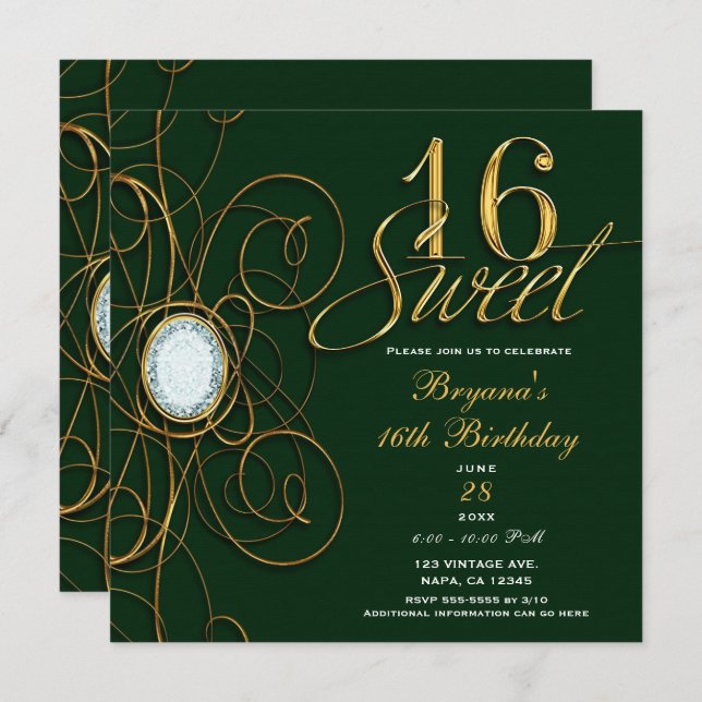 Emerald Green & Gold Diamond Sweet 16 Birthday Invitation (Front/Back)