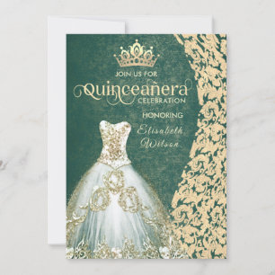Emerald green gold dress damask tiara Quinceañera  Invitation