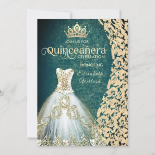 Emerald green gold dress damask tiara Quinceañera  Invitation