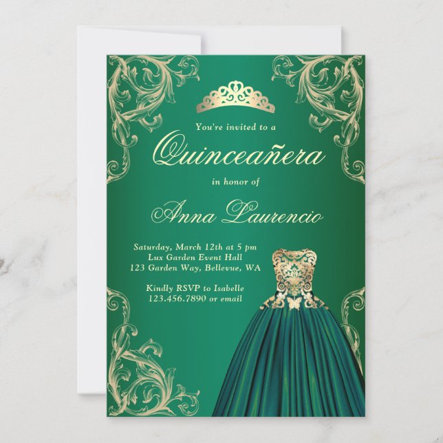 Emerald Green Gold Dress Decorative Quinceanera Invitation (Front)