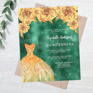 Emerald green gold dress floral budget Quinceanera