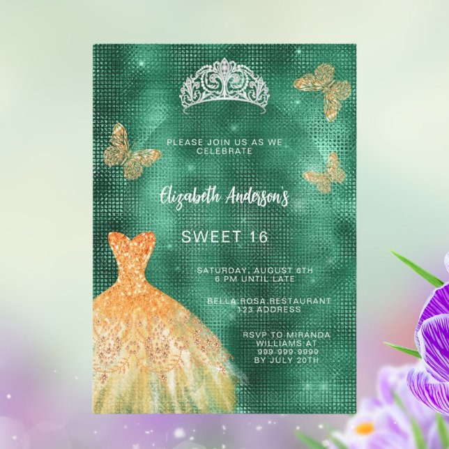 Emerald green gold dress tiara luxury Sweet 16 Invitation (Creator Uploaded)
