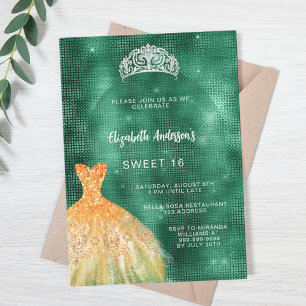 Emerald green gold dress tiara Sweet 16 Invitation