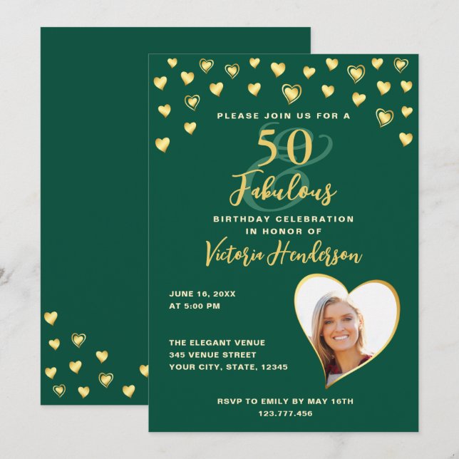 Emerald Green & Gold Elegant 50th Birthday Invitation (Front/Back)