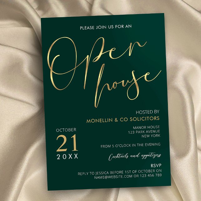 Emerald Green & Gold Elegant Business Open House Invitation (Professional company open house event green and gold calligraphy invitations for business)