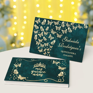 Emerald Green Gold Elegant Butterfly Quinceañera Guest Book