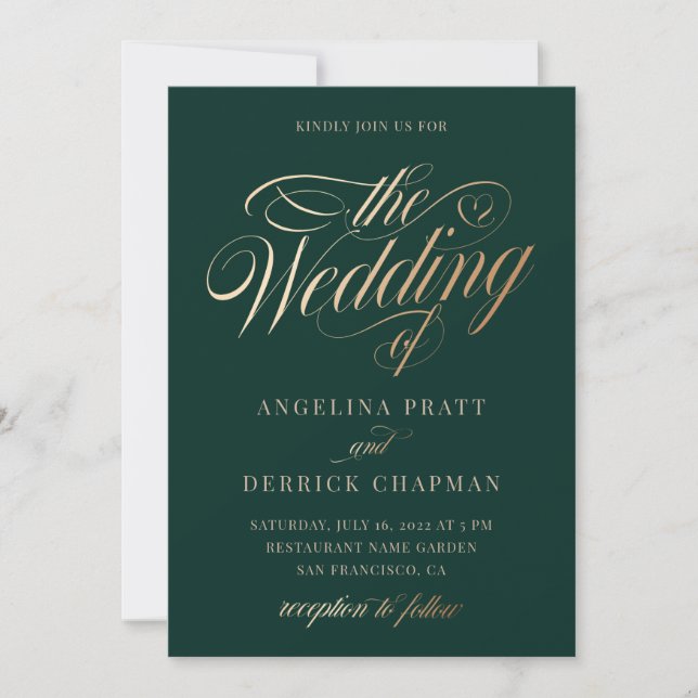 Emerald Green Gold Elegant Calligraphy Wedding  In Invitation (Front)