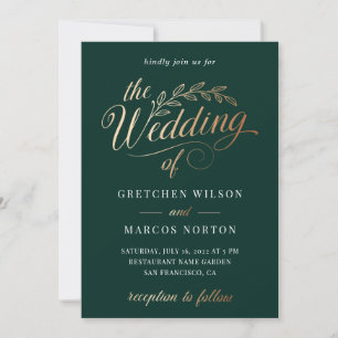 Emerald Green Gold Elegant Calligraphy Wedding Invitation