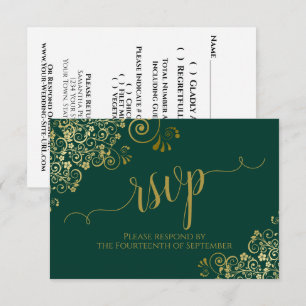 Emerald Green & Gold Elegant Calligraphy Wedding RSVP Card