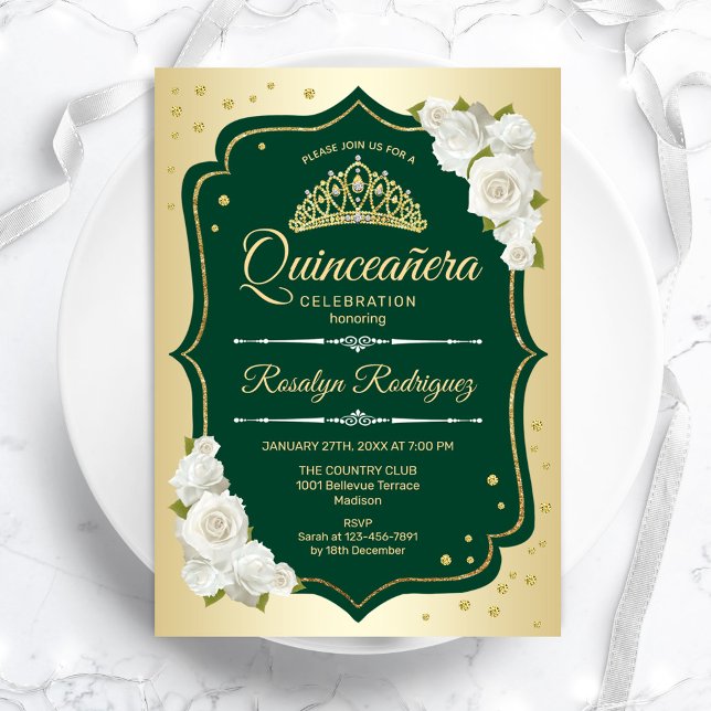 Emerald Green Gold Elegant Quinceanera Invitation (Creator Uploaded)