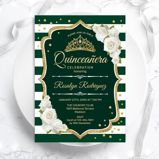 Emerald Green Gold Elegant Quinceanera Invitation (Creator Uploaded)