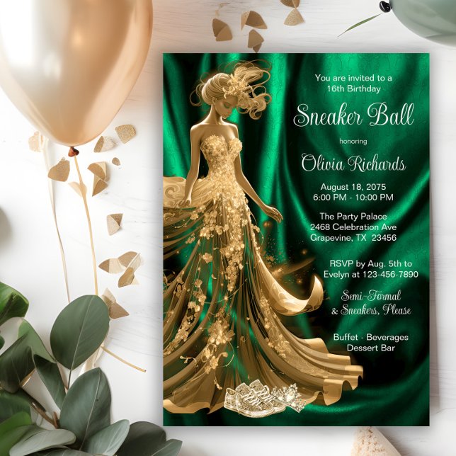 Emerald Green Gold Elegant Sneaker Ball  Invitation (Emerald green gold sneaker ball invitation. All text, font and wording can be changed for your event)
