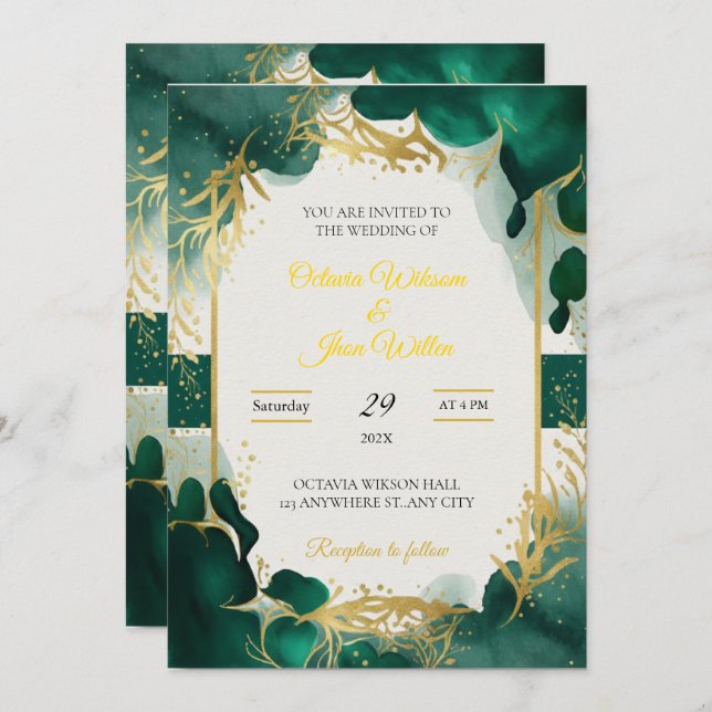 Emerald Green & Gold Elegant Wedding Invitation (Front/Back)