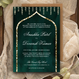 Emerald Green Gold Ethnic Indian Arch Wedding Invitation
