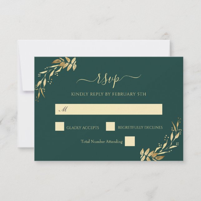 Emerald Green Gold Eucalyptus Foliage Wedding RSVP Card (Front)