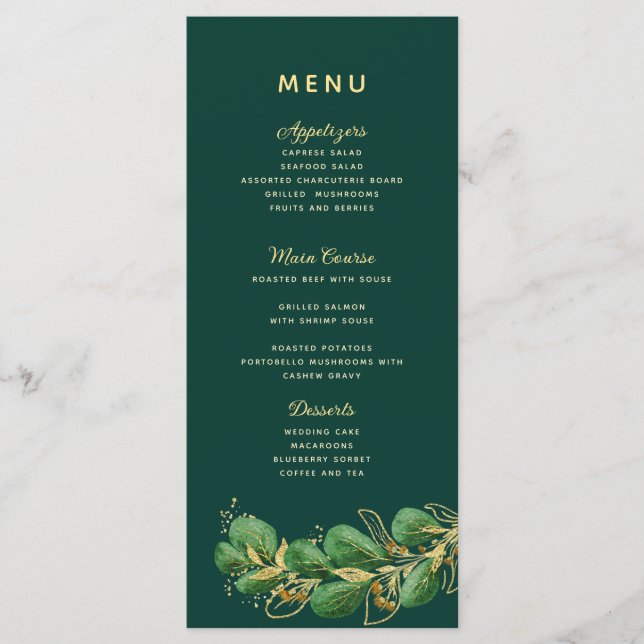 Emerald Green & Gold Eucalyptus Greenery Wedding Menu (Front)