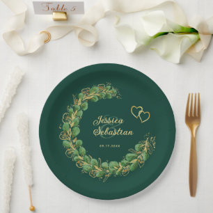 Emerald Green & Gold Eucalyptus Jewel Tone Wedding Paper Plate