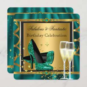 Emerald Green Gold Fabulous Heels Birthday Party 3 Invitation