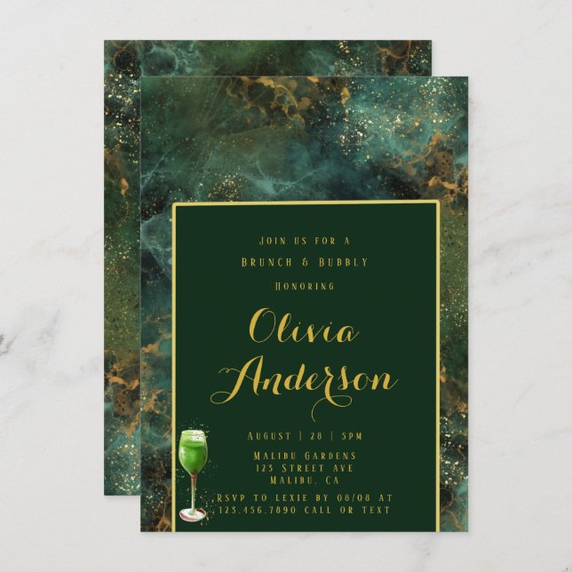  Emerald Green & Gold Fleck Brunch and Bubbly Invitation (Front/Back)