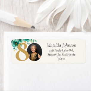 Emerald Green Gold Floral 80th Birthday Address Return Address Label