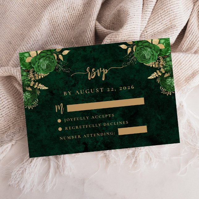 Emerald Green Gold Floral Agate Wedding RSVP Enclosure Card (Creator Uploaded)