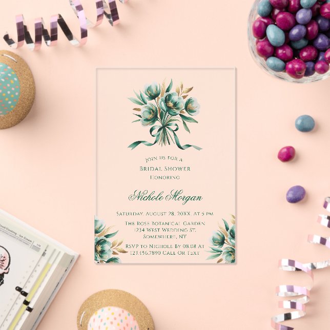 Emerald Green & Gold Floral Bridal Shower Acrylic Invitations (Insitu (Celebration))