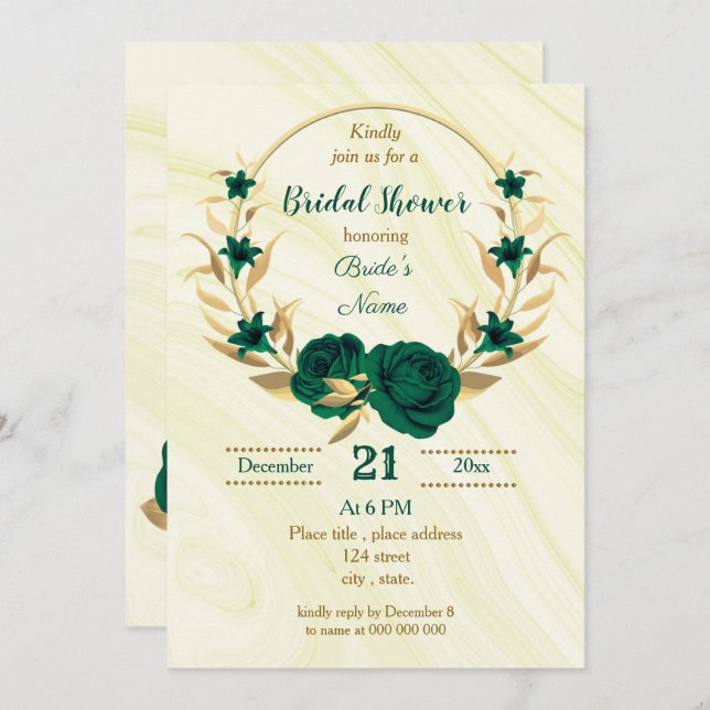emerald green gold floral bridal shower invitation (Front/Back)
