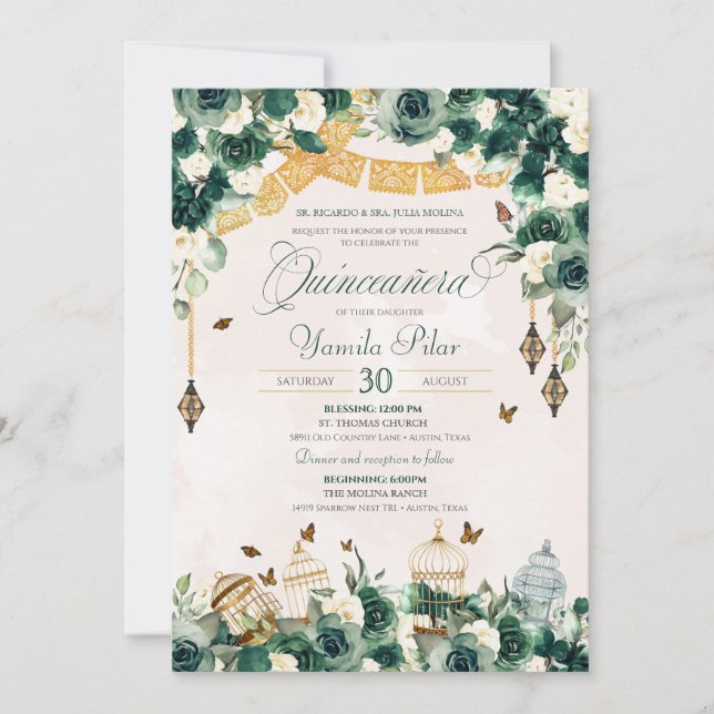 Emerald Green Gold Floral Butterflies Quinceanera  Invitation (Front)