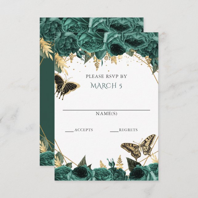 Emerald Green Gold Floral Butterflies Quinceanera RSVP Card (Front/Back)