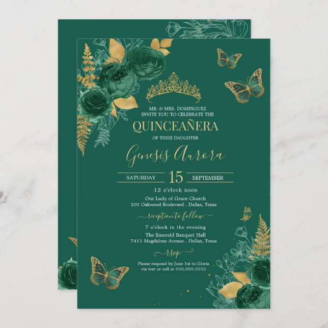 Emerald Green & Gold Floral Butterfly Quinceañera Invitation (Front/Back)