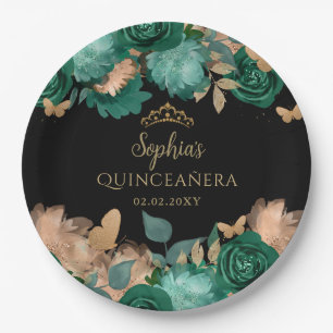 Emerald Green Gold Floral Butterfly Quinceañera  Paper Plate