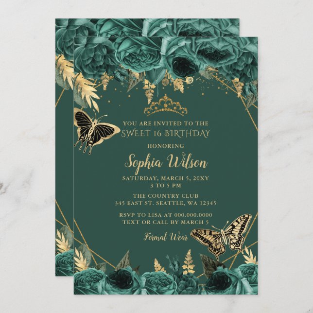 Emerald Green Gold Floral Butterfly Sweet 16 Invitation (Front/Back)