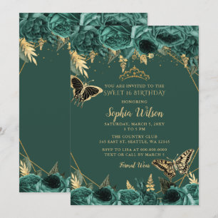 Emerald Green Gold Floral Butterfly Sweet 16 Invitation