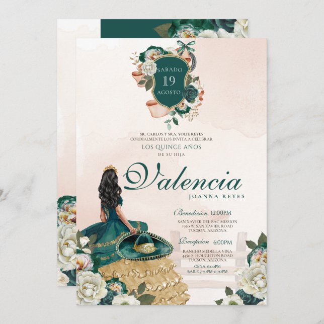 Emerald Green Gold Floral Crest Charro Quinceanera Invitation (Front/Back)