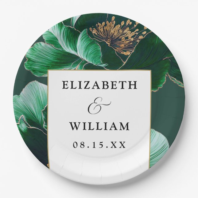 Emerald Green Gold Floral Elegant Modern Wedding Paper Plate (Front)