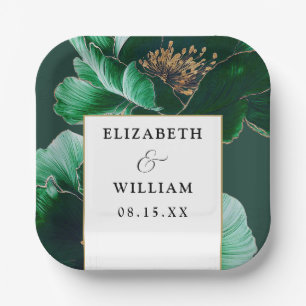 Emerald Green Gold Floral Elegant Modern Wedding Paper Plate
