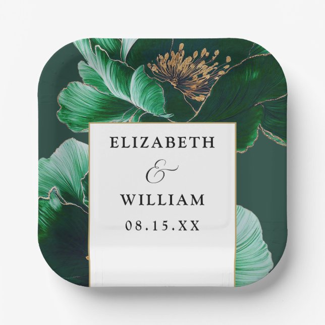 Emerald Green Gold Floral Elegant Modern Wedding Paper Plate (Front)