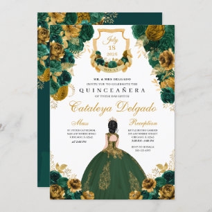 Emerald Green & Gold Floral Elegant Quinceañera Invitation