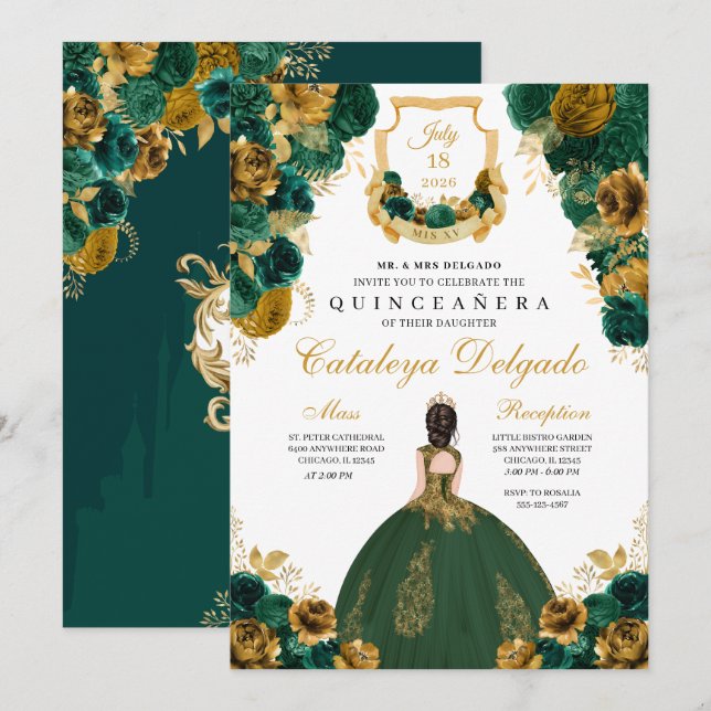 Emerald Green & Gold Floral Elegant Quinceañera Invitation (Front/Back)