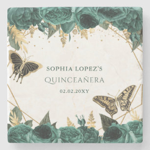 Emerald Green Gold Floral Elegant Quinceanera   Stone Coaster