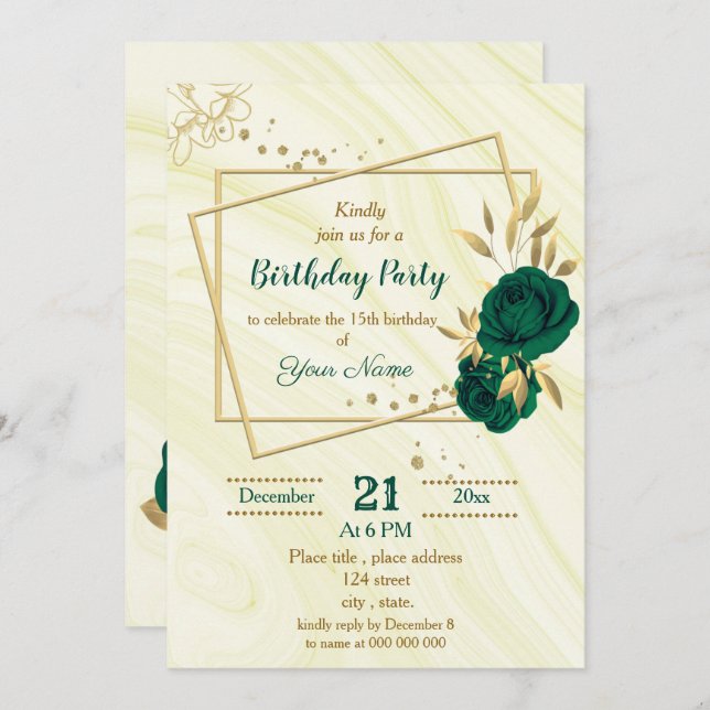 emerald green gold floral geometric birthday party invitation (Front/Back)
